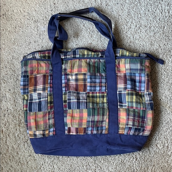 J. Crew Handbags - J.Crew Plaid Patchwork Tote Bag with Navy Accents